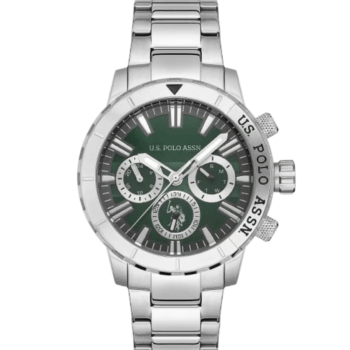 45mm Multifunction Men's Watch with Green Dial & Stainless Steel Bracelet